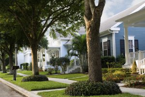 neighborhood street scene in small American town